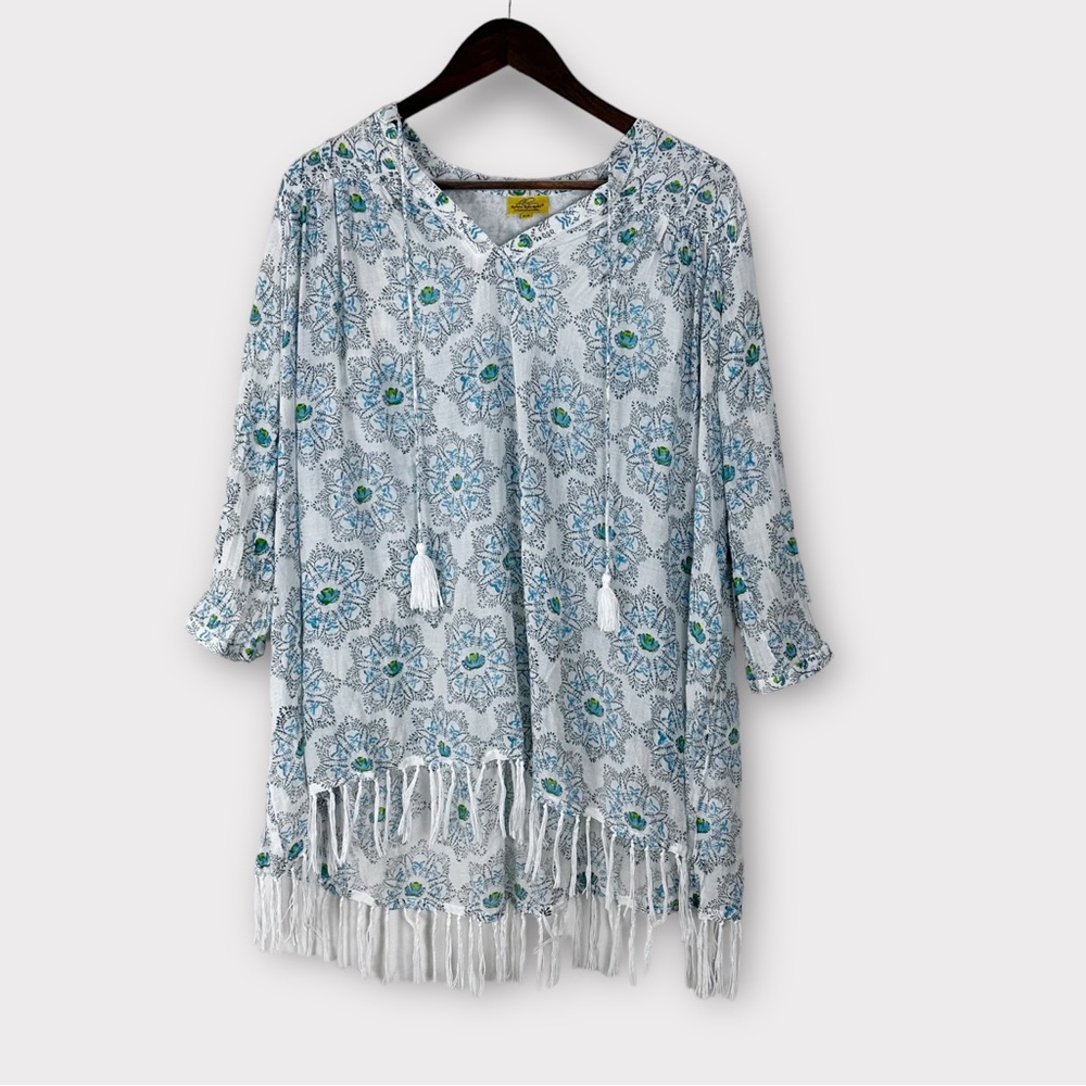 Roberta Roller Rabbit White Floral Fringe Swim Coverup with Teal Accents